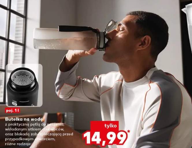 Butelka na wodę z praktyczną pętlą do przenoszenia, wkładanym sitkiem na owoców, oraz blokadą zabezpieczającą przed przypadkowym otwarciem, różne rodzaje