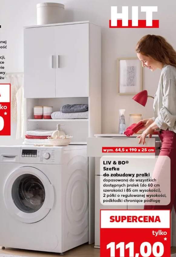 Szafka do zabudowy pralki dopasowana do wszystkich dostępnych pralek (do 60 cm szerokości i 85 cm wysokości), 2 półki o regulowanej wysokości, podkładki chroniące podłogę