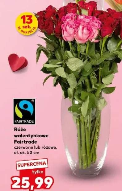 Róże walentynkowe Fairtrade czerwone lub różowe