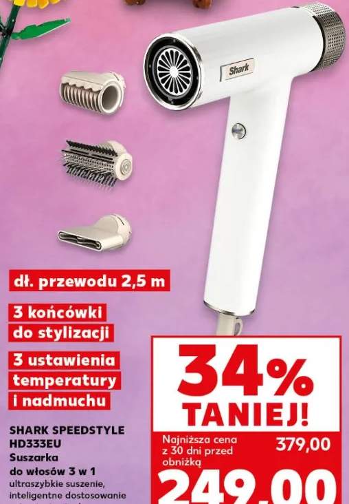 Suszarka do włosów 3 w 1 SPEEDSTYLE HD333EU ultraszykie suszenie, inteligentne dostosowanie ustawienia ciepła i przepływu powietrza, dł. przewodu 2,5 m, 3 końcówki do stylizacji, 3 ustawienia temperatury i nadmuchu