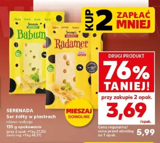 Ser żółty w plastrach różne rodzaje 135 g opakowanie (przy 2 opak. ≈1 kg 27.33) (cena reg. ≈1 kg 44.37)