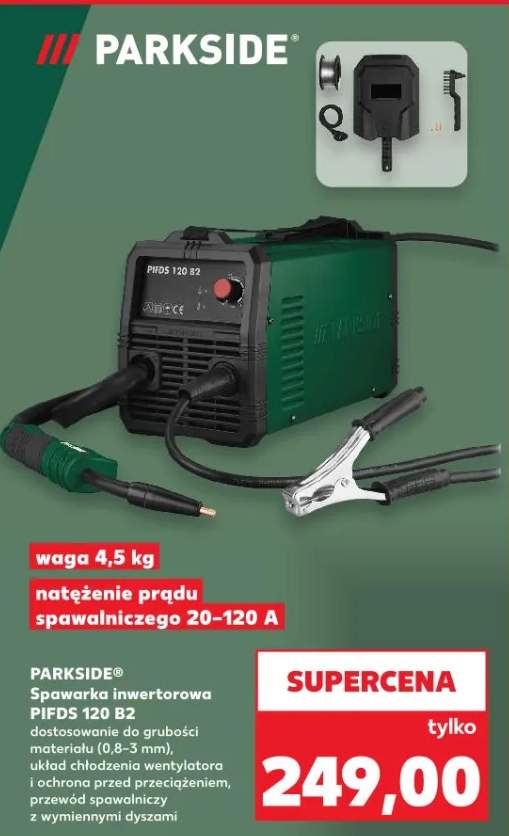 Spawarka inwertorowa PIFD5 120 B2 dostosowanie do grubości materiału (0,8-3 mm), układ chłodzenia wentylatora i ochrona przed przegrzaniem, przewód spawalniczy o długości 2 m, 3 dyszki