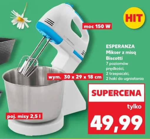 Mikser z misą Biscotti 7 poziomów prędkości, 2 trzepaczki, 2 haki do ugniatania