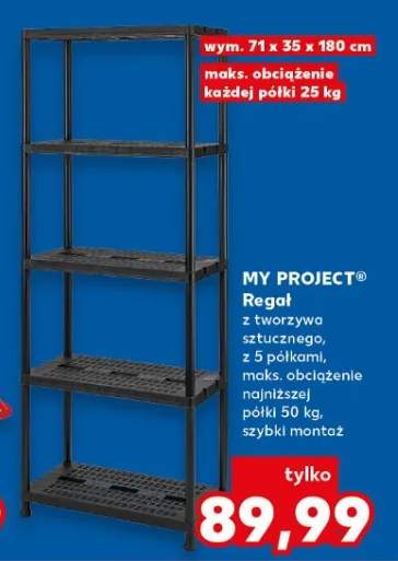 Regał z tworzywa sztucznego, z 5 półkami, maks. obciążenie najniższej półki 50 kg, szybki montaż