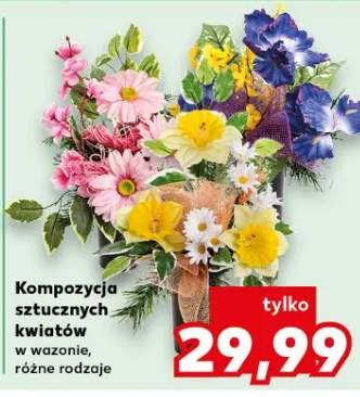 Kompozycja sztucznych kwiatów w wazonie, różne rodzaje