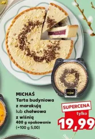 Tarta budyniowa z marakują lub chałwowa z wiśnią