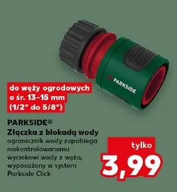 Złączka z blokadą wody ogranicznik wody zapalobiega niekontrolowanemu wyciekom wody z węża, wyposażony w system Parkside Click