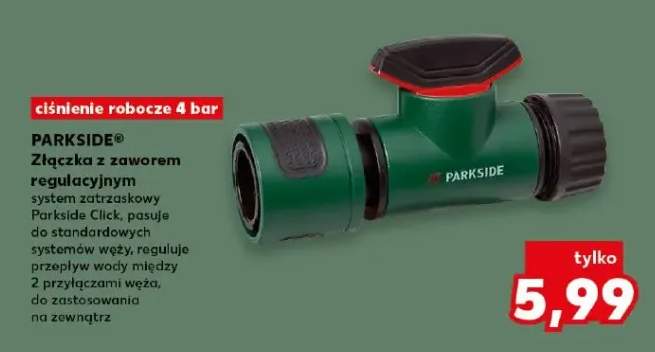 Złączka z zaworem regulacyjnym system zatrzaskowy Parkside Click, pasuje do standardowych systemów węży, reguluje przepływ wody między 2 przyłączeni węża, do zastosowania na zewnątrz