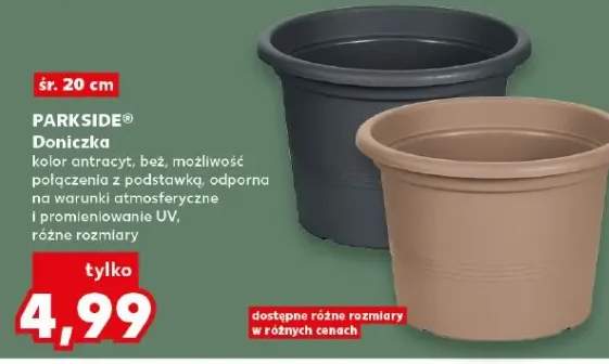 Doniczka kolor antracyt, beż, możliwość połączenia z podstawką, odporna na warunki atmosferyczne i promieniowanie UV, różne rozmiary