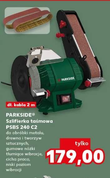 Szlifierka taśmowa PSBS 240 C2 do obróbki metalu, drewna i tworzyw sztucznych, gumowe nóżki tłumiące wibracje cicha praca, niski poziom wibracji