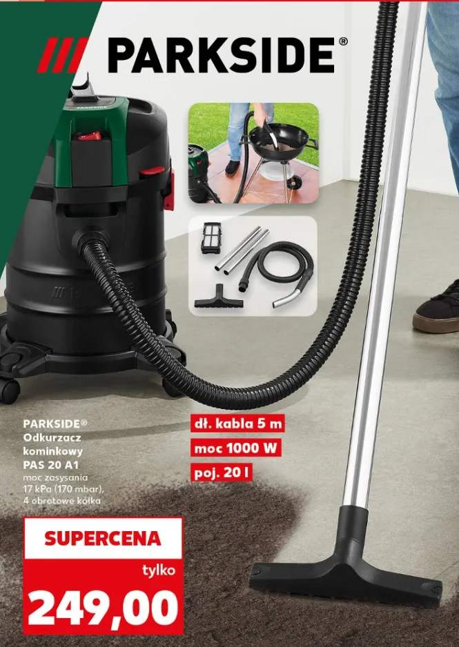 Odkurzacz kominkowy PAS 20 A1 moc zaasania 17 kPa (170 mbar), 4-obrotowe kółka