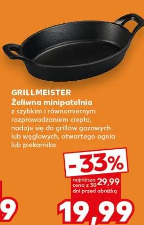 Żeliwna minipatelnia z szybkim i równomiernym rozprowadzaniem ciepła, nadaje się do grillów gazowych lub węglowych, otwartego ognia lub piekarnika