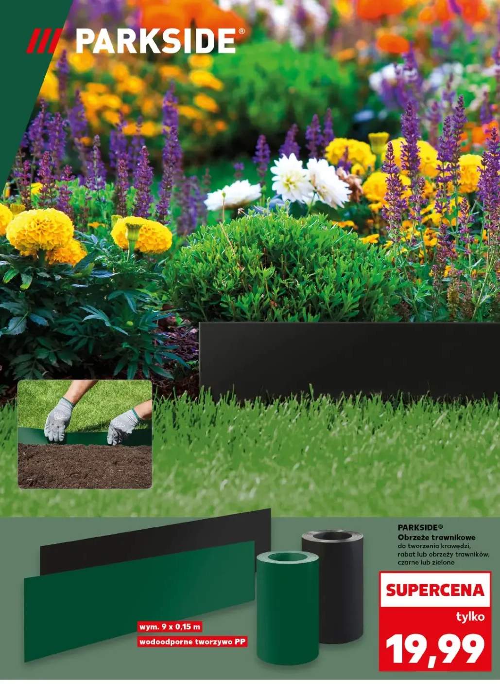 Obrzeże trawnikowe parkside wym. 9x0,15m wodoodporne tworzywo pp