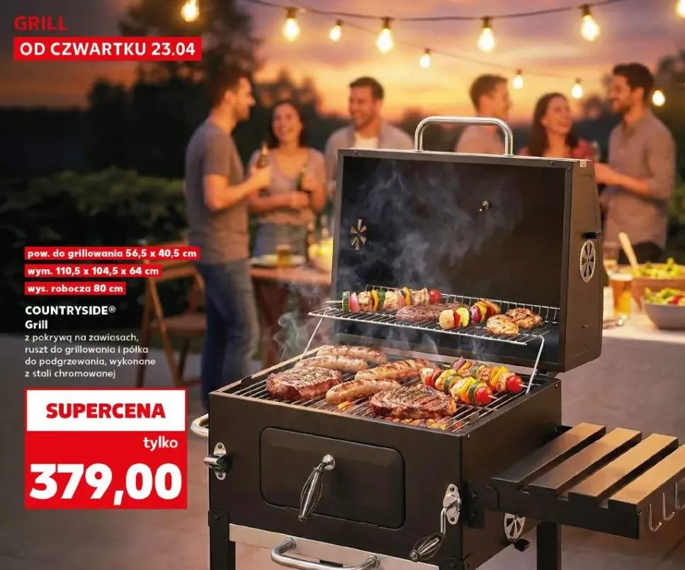 Grill z pokrywą na zawiasach, ruszt do grillowania i półka do podgrzewania