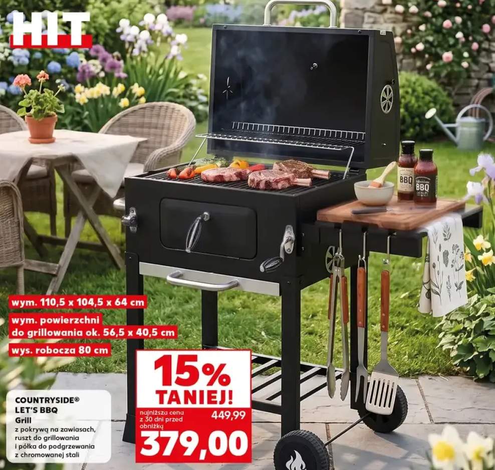 Grill węglowy Countryside Let's BBQ z pokrywą na zawiasach ruszt do grillowania i półka do podgrzewania z chromowanej stali 110,5x104,5x64cm