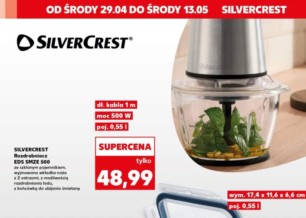 Rozdrabniacz SilverCrest EDS SMZE 500 ze szklanym pojemnikiem wyjmowana wkładka noża z 2 ostrzami z możliwością rozdrabniania lodu z końcówką do ubijania śmietany 500W