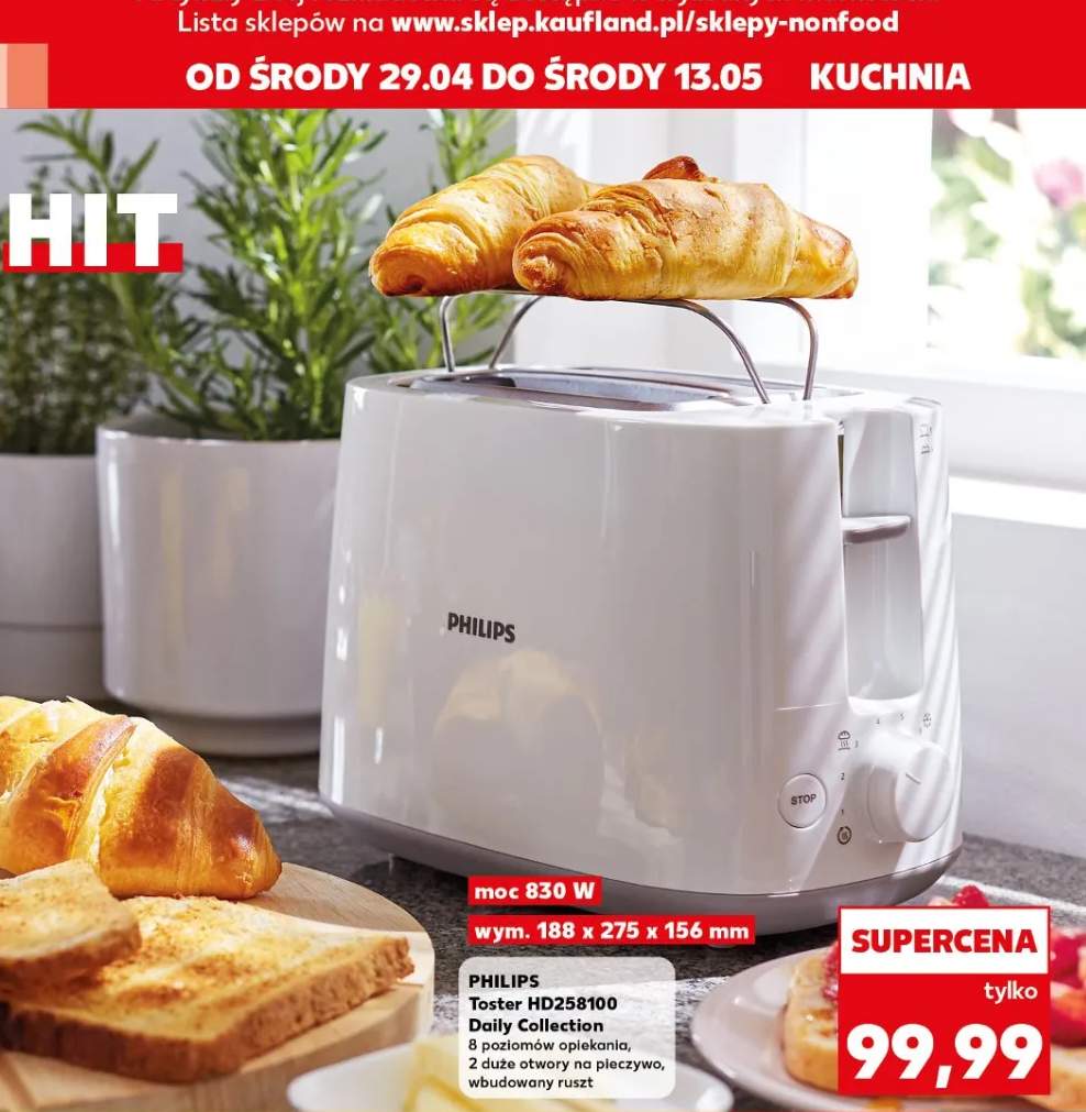 Toster Philips HD258100 Daily Collection 8 poziomów opiekania 2 duże otwory na pieczywo wbudowany ruszt 830W