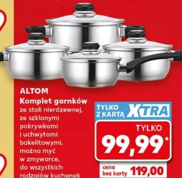 Komplet garnków Altom ze stali nierdzewnej ze szklanymi pokrywkami i uchwytami bakelitowymi można myć w zmywarce do wszystkich rodzajów kuchenek