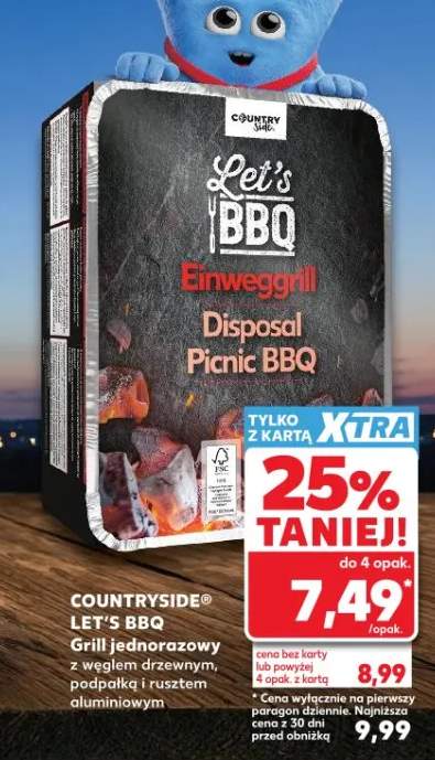 Grill jednorazowy z węglem drzewnym podpałką i rusztem aluminiowym Countryside Let's BBQ