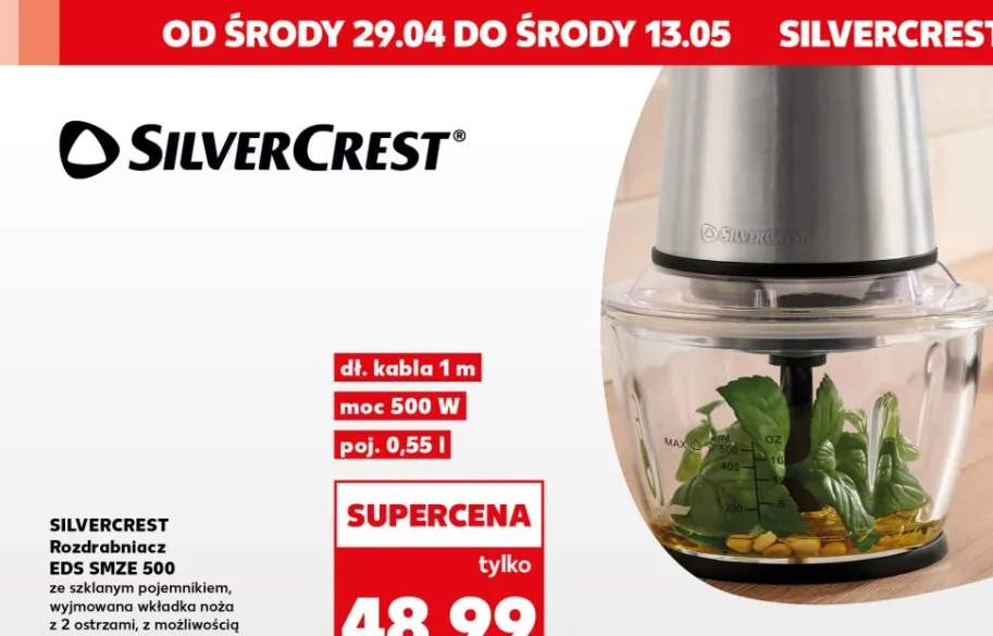 Rozdrabniacz SilverCrest EDS SMZE 500 ze szklanym pojemnikiem wyjmowana wkładka noża z 2 ostrzami z możliwością rozdrabniania lodu z końcówką do ubijania śmietany 500W