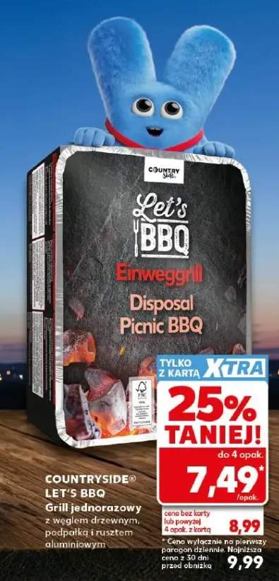 Grill jednorazowy z węglem drzewnym podpałką i rusztem aluminiowym Countryside Let's BBQ