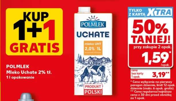 Mleko Polmlek Uchate 2% tł. 50% taniej przy zakupie 2 opak.