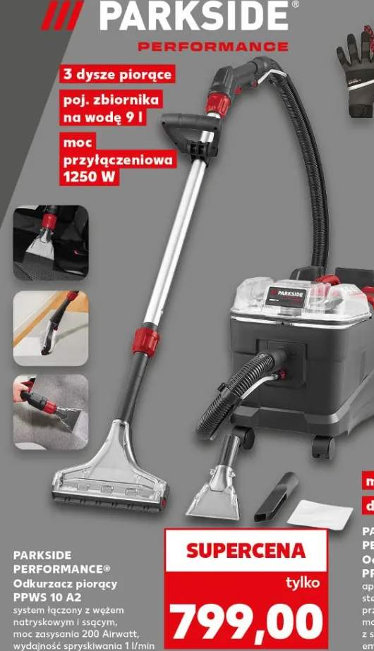Odkurzacz piorący Parkside Performance PPWS 10 A2 system łączony z wężem natryskowym i ssącym moc zasysania 200 Airwatt wydajność spryskiwania 1l/min 3 dysze piorące poj. zbiornika na wodę 9l moc przyłączeniowa 1250W