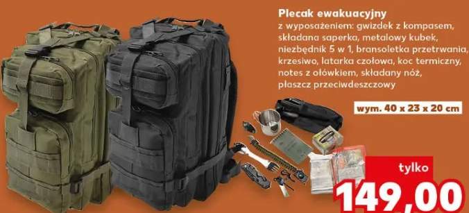 Plecak ewakuacyjny 40x23x20cm z wyposażeniem
