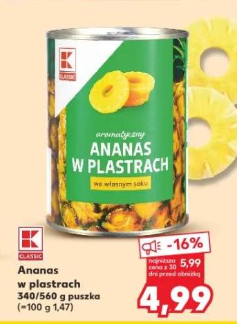 Ananas w plastrach we własnym soku K-Classic 340/560g puszka