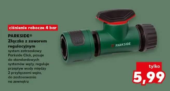 Złączka z zaworem regulacyjnym Parkside system zatrzaskowy ciśnienie robocze 4 bar