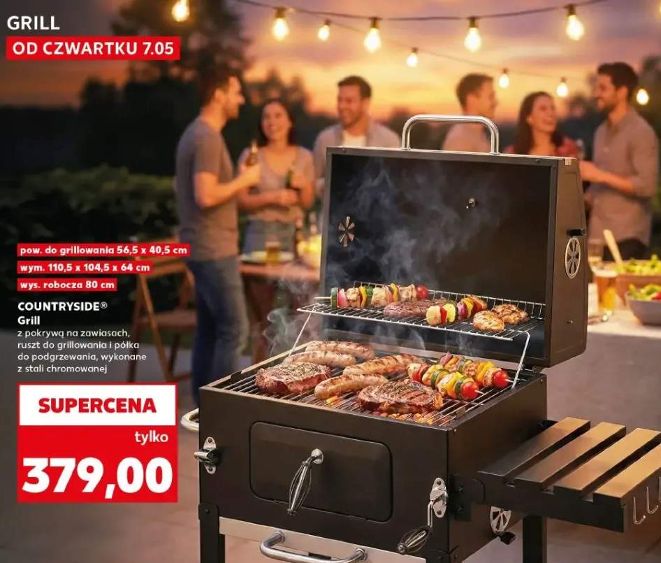 Grill Countryside z pokrywą na zawiasach ruszt do grillowania i półka do podgrzewania ze stali chromowanej pow. do grillowania 56,5x40,5cm wym. 110,5x104,5x64cm wys. robocza 80cm