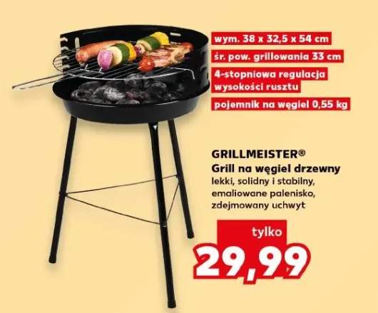 Grill na węgiel drzewny Grillmeister wym. 38x32,5x54cm śr. pow. grillowania 33cm 4-stopniowa regulacja wysokości rusztu pojemnik na węgiel 0,55kg
