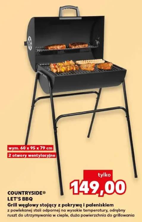 Grill węglowy stojący z pokrywą i paleniskiem Countryside Let's BBQ wym. 60x95x79cm 2 otwory wentylacyjne