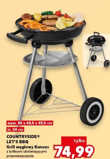 Grill węglowy Kansas Countryside Let's BBQ wym. 40x68,5x43,5cm śr. 34cm z kółkami ułatwiającymi przemieszczanie