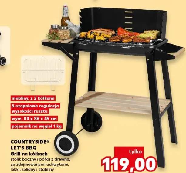 Grill na kółkach Countryside Let's BBQ stolik boczny i półka z drewna ze zdejmowanymi uchwytami mobilny wym. 84x86x45cm pojemnik na węgiel 1kg 5-stopniowa regulacja wysokości rusztu