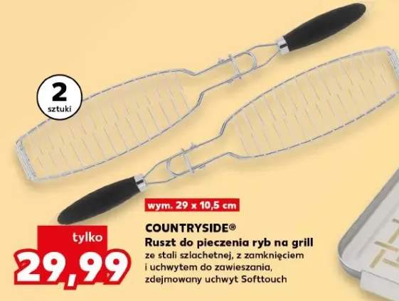 Ruszt do pieczenia ryb na grill Countryside 29x10,5cm ze stali szlachetnej z zamknięciem i uchwytem do zawieszania zdejmowany uchwyt Softtouch