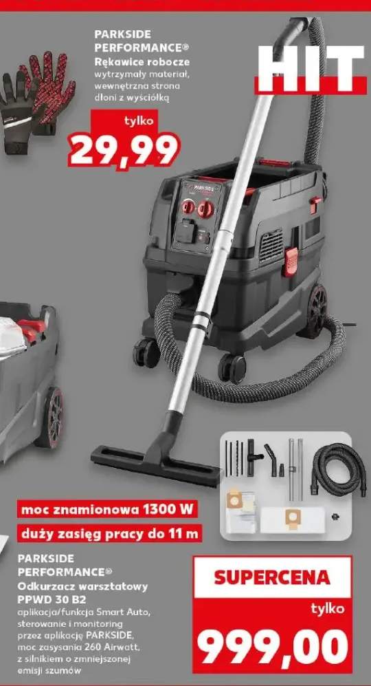 Odkurzacz warsztatowy PARKSIDE PERFORMANCE PPWD 30 B2 aplikacja/funkcja Smart Auto sterowanie i monitoring przez aplikację PARKSIDE moc zasysania 260 Airwatt z silnikiem o zmniejszonej emisji szumów moc znamionowa 1300W duży zasięg pracy do 11m