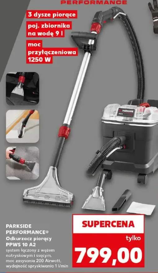 Odkurzacz piorący PARKSIDE PERFORMANCE PPWS 10 A2 system łączony z wężem natryskowym i ssącym moc zasysania 200 Airwatt wydajność spryskiwania 1l/min 3 dysze piorące moc przyłączeniowa 1250W