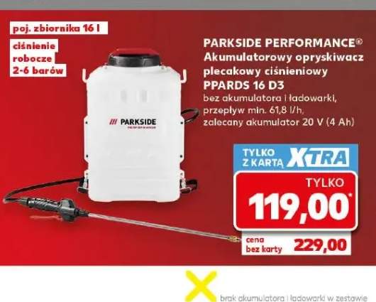 Akumulatorowy opryskiwacz plecakowy ciśnieniowy PARKSIDE PERFORMANCE PPARDS 16 D3 bez akumulatora i ładowarki przepływ min. 61,8l/h zalecany akumulator 20V (4Ah) ciśnienie robocze 2-6 barów