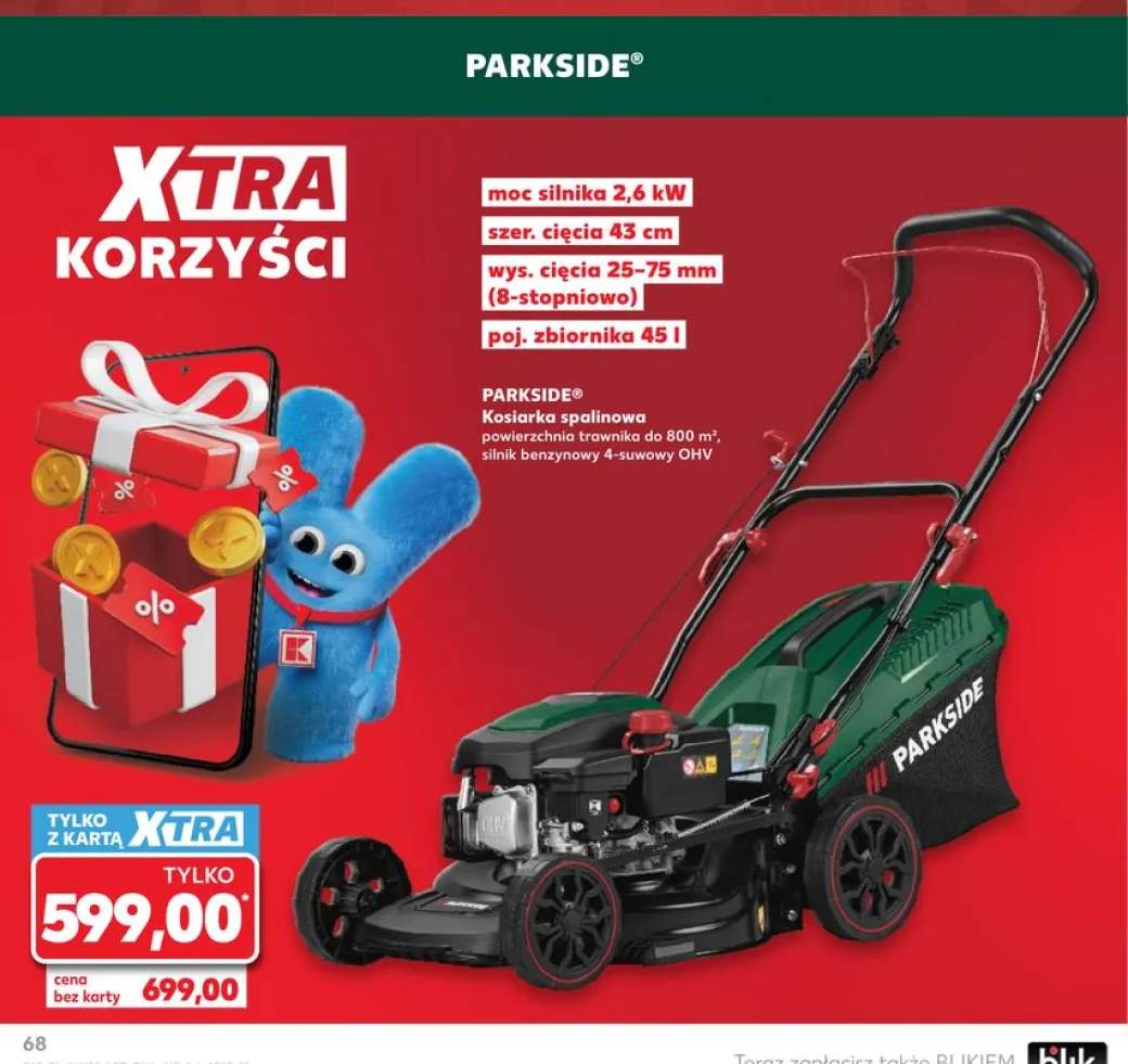 Kosiarka spalinowa PARKSIDE moc silnika 2,6kW szer. cięcia 43cm wys. cięcia 25-75mm (8-stopniowo) poj. zbiornika 45l