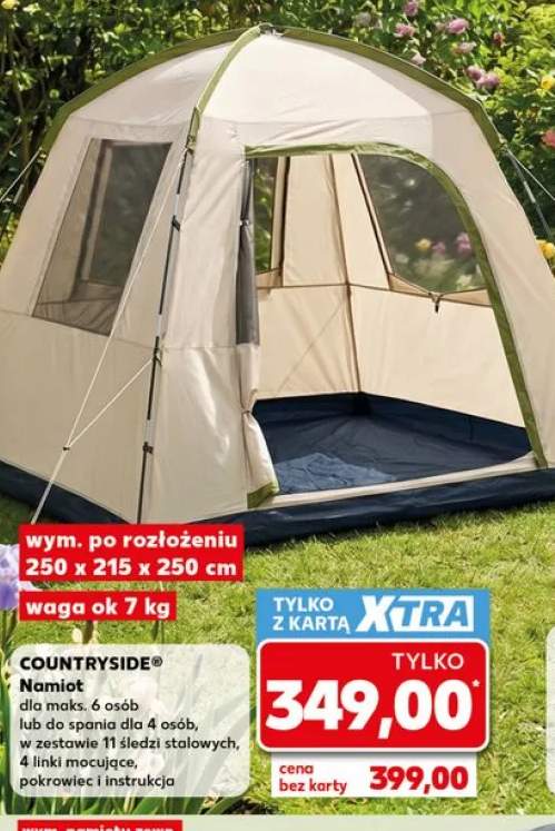 Namiot COUNTRYSIDE dla maks. 6 osób lub do spania dla 4 osób w zestawie 11 śledzi stalowych, 4 linki mocujące, pokrowiec i instrukcja wym. po rozłożeniu 250x215x250cm waga ok 7kg