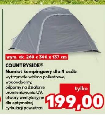 Namiot kempingowy dla 4 osób COUNTRYSIDE wytrzymałe włókno poliestrowe, wodoodporny, odporny na działanie promieniowania UV, otwory wentylacyjne dla optymalnej cyrkulacji powietrza wym. ok. 260x300x137cm