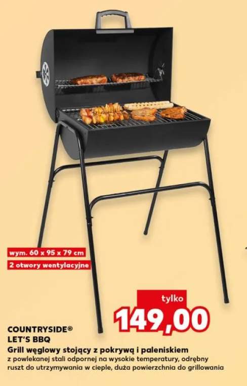 Grill węglowy stojący z pokrywą i paleniskiem COUNTRYSIDE LET'S BBQ wym. 60x95x79cm