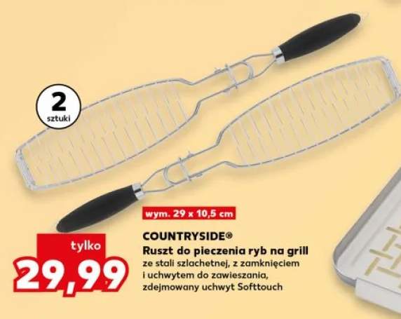 Ruszt do pieczenia ryb na grill COUNTRYSIDE 2-pak wym. 29x10,5cm ze stali szlachetnej z zamknięciem i uchwytem do zawieszania zdejmowany uchwyt Softtouch
