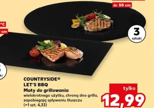 Maty do grillowania COUNTRYSIDE LET'S BBQ 3-pak wym. 50x40cm do temp. 260°C wielokrotnego użytku chronią dno grilla zapobiegają spływaniu tłuszczu