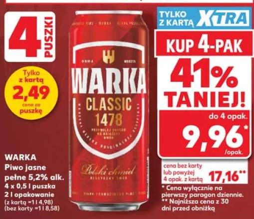Piwo Warka Classic 1478 jasne pełne 5,2% alk. 4-pak 500ml