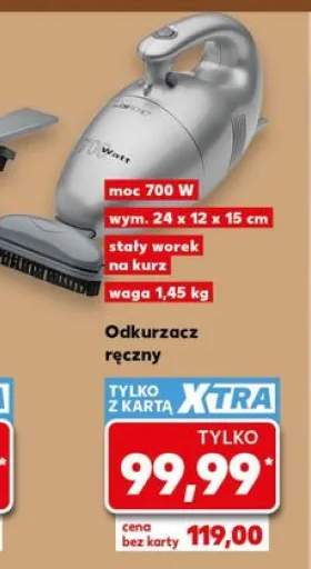 Odkurzacz ręczny moc 700W wym. 24x12x15cm stały worek na kurz waga 1,45kg