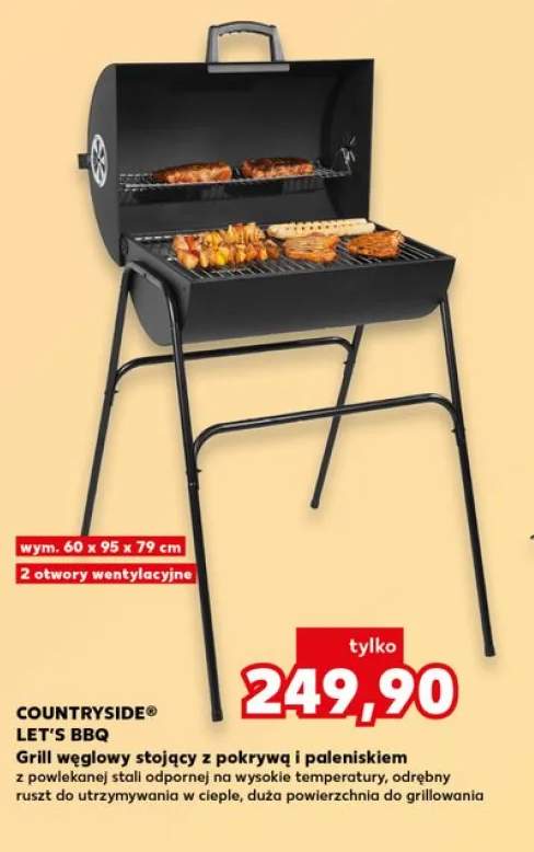 Grill węglowy stojący z pokrywą i paleniskiem COUNTRYSIDE LET'S BBQ 60x95x79cm