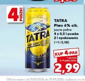 Piwo Tatra jasne pełne 6% alk. 4-pak 500ml