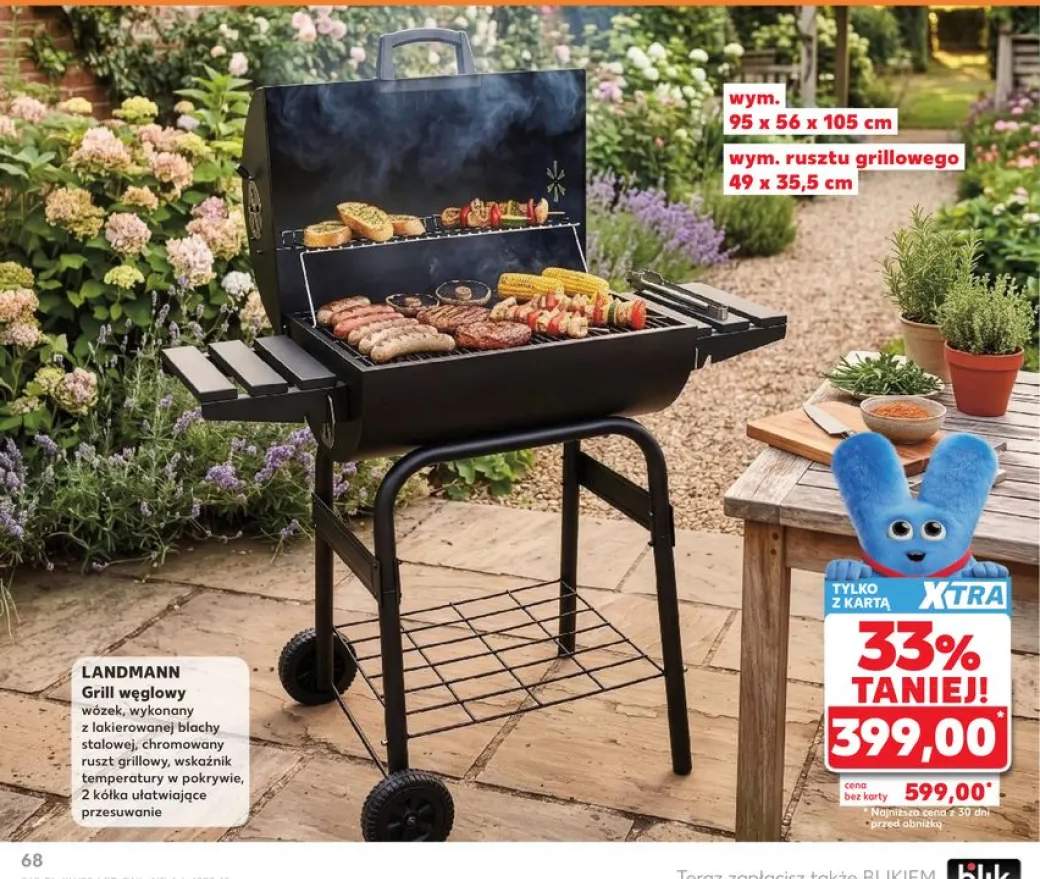 Grill węglowy LANDMANN wózek wykonany z lakierowanej blachy stalowej chromowany ruszt grillowy wskaźnik temperatury w pokrywie 2 kółka ułatwiające przesuwanie wym. 95x56x105cm wym. rusztu grillowego 49x35,5cm